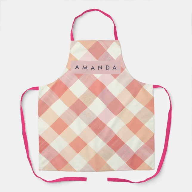 Personalized Pastel Peach Checkered Modern  Apron (Front)