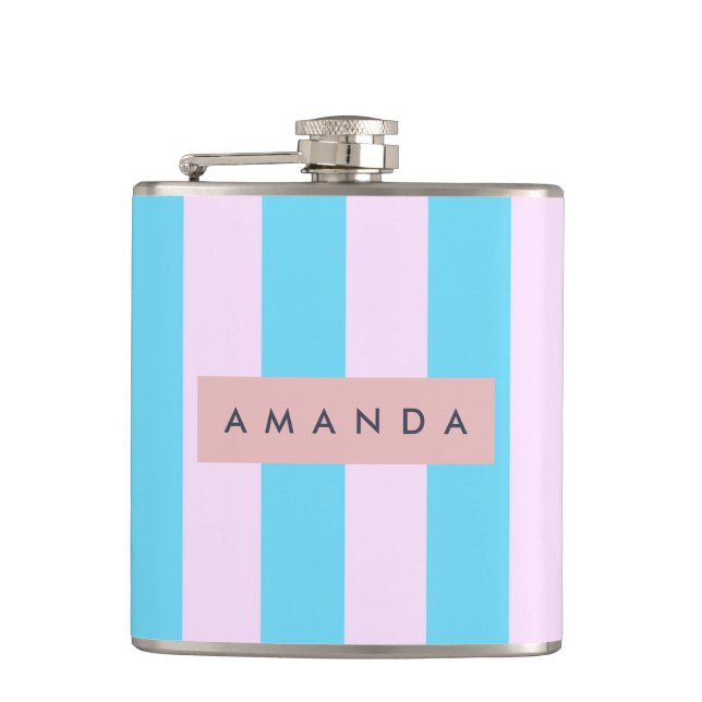 Personalized Pastel Pink and Blue Striped Hip Flask (Front)