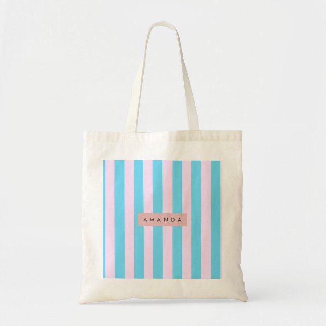Personalized Pastel Pink and Blue Striped Tote Bag (Front)