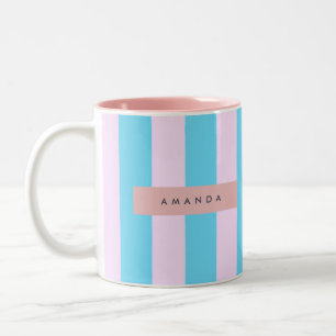Personalized Pastel Pink and Blue Striped Two-Tone Coffee Mug