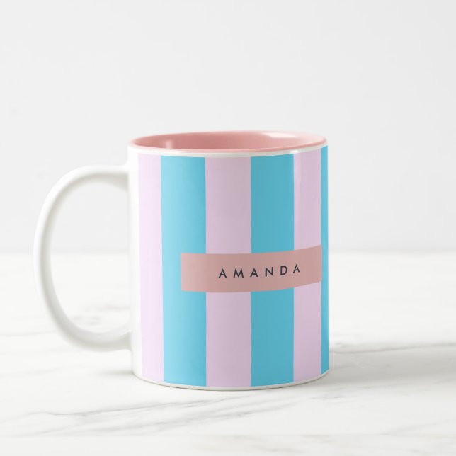 Personalized Pastel Pink and Blue Striped Two-Tone Coffee Mug (Left)