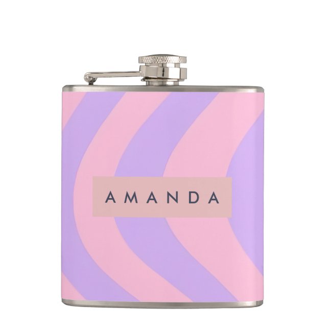 Personalized Pastel Pink and Lavender Wavy Stripe Hip Flask (Front)