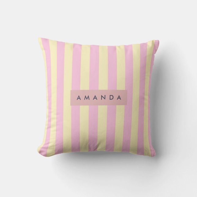 Personalized Pastel Pink and Yellow Stripe Cushion (Front)