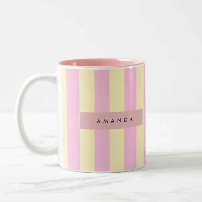 Personalized Pastel Pink and Yellow Stripe Two-Tone Coffee Mug (Left)