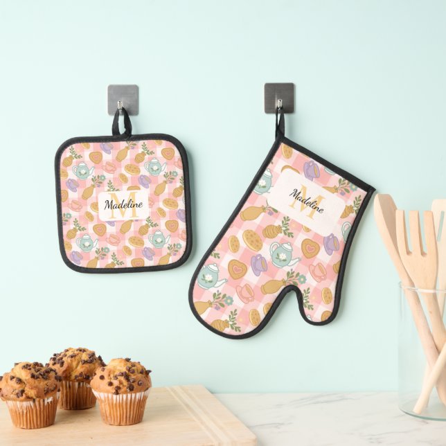 Personalized Pastel Pink High Tea Service Oven Mitt & Pot Holder Set (Insitu(Hanging))