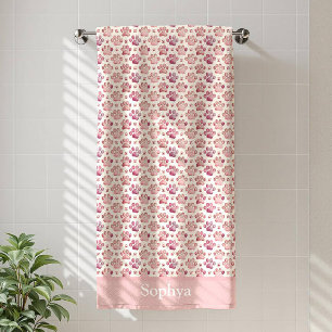Personalized Pastel Pink Paw Print Beach Towel