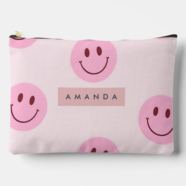 Personalized Pastel Pink Smiley Face  Accessory Pouch (Front)