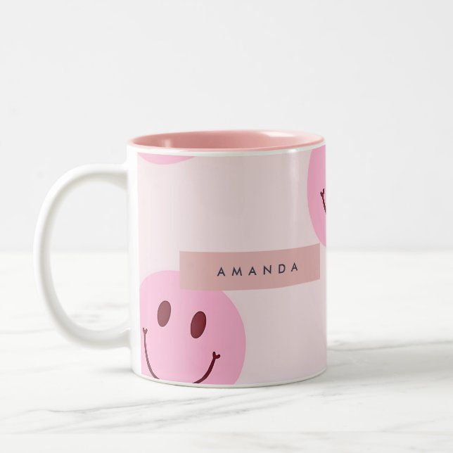 Personalized Pastel Pink Smiley Face  Two-Tone Coffee Mug (Left)