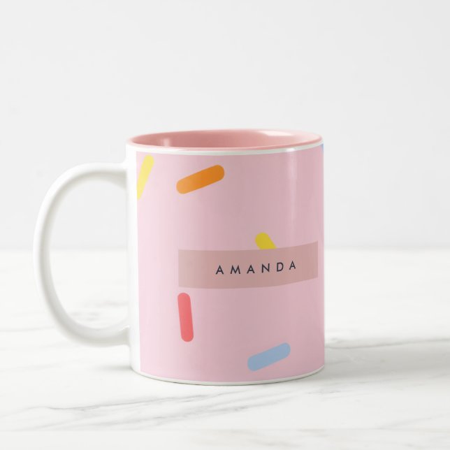 Personalized Pastel Pink Sprinkle Confetti Two-Tone Coffee Mug (Left)