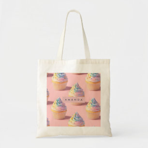 Personalized Pastel Rainbow Cupcake Pattern Tote Bag