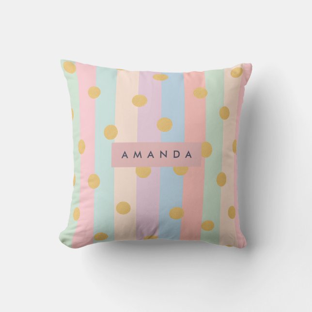 Personalized Pastel Rainbow Stripes with Dots Cushion (Front)