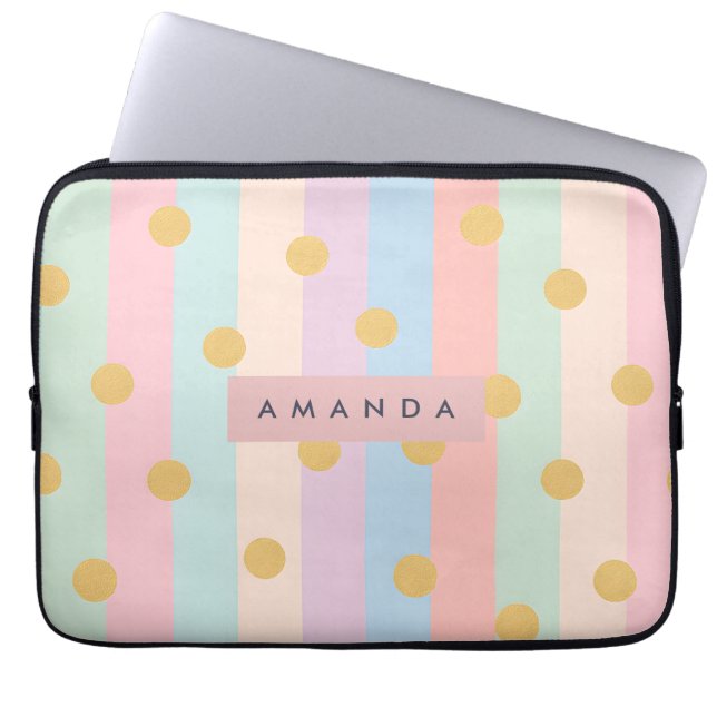 Personalized Pastel Rainbow Stripes with Dots Laptop Sleeve (Front)