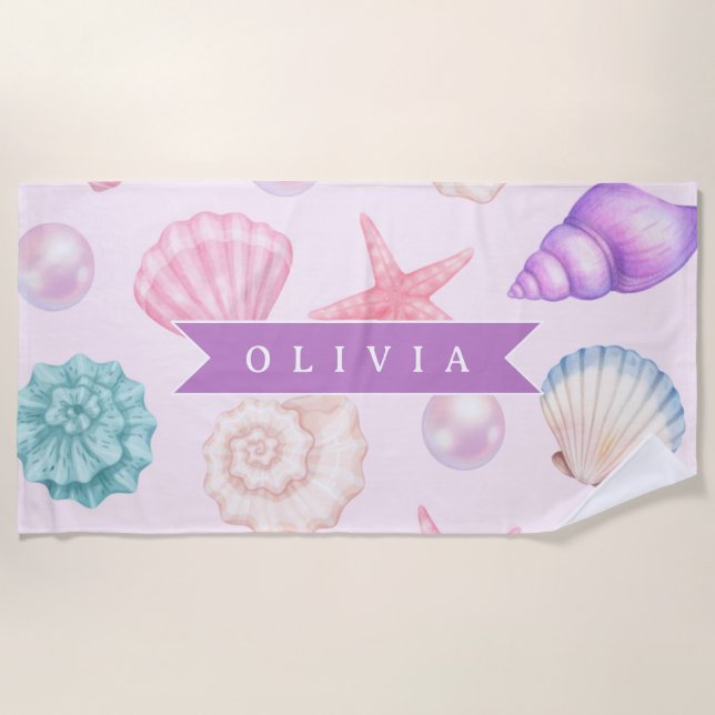 Personalized Pastel Seashell Coastal Custom Name Beach Towel (Front)