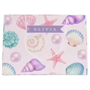 Personalized Pastel Seashell Coastal Custom Name Large Gift Bag