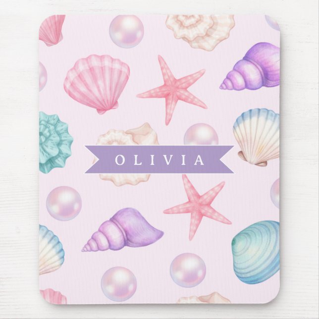 Personalized Pastel Seashell Coastal Custom Name Mouse Pad (Front)
