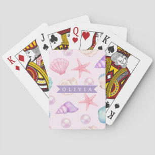 Personalized Pastel Seashell Coastal Custom Name Playing Cards