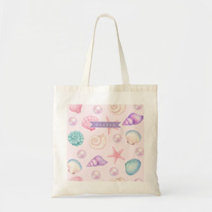 Personalized Pastel Seashell Coastal Custom Name Tote Bag