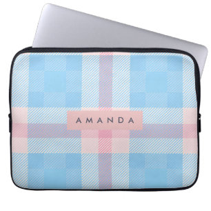 Personalized Pastel Sky Blue and Blush Pink Plaid Laptop Sleeve