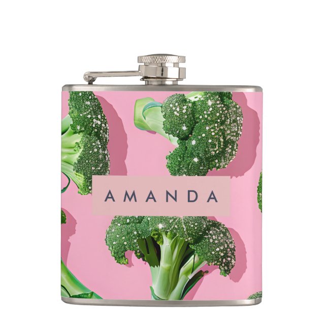 Personalized Pastel Sparkle Green Broccoli  Hip Flask (Front)