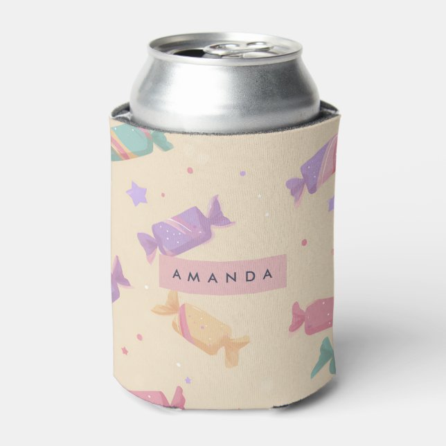 Personalized Pastel Wrapped Candy Pattern Can Cooler (Can Front)