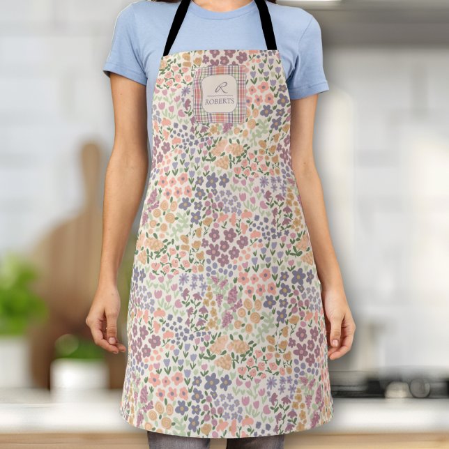Personalized Patchwork Floral & Plaid Apron (Floral Cottagecore Apron – Colorful Vintage-Inspired Kitchen Gift)
