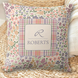 Personalized Patchwork Floral & Plaid Throw Pillow