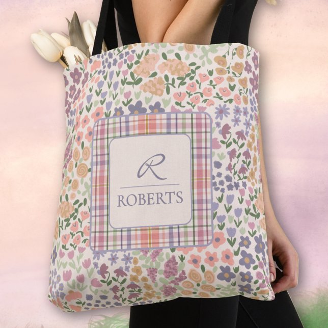 Personalized Patchwork Floral & Plaid Tote Bag (Personalized Floral Plaid Tote Bag)