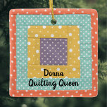 Personalized Patchwork Quilting Sewing Ceramic Ornament<br><div class="desc">This charming ornament is decorated with a patchwork design.
The image and the text are customizable so you can change the patchwork to one of your own as well as the name or make it a monogram if you wish.
Perfect for your quilting pals!</div>