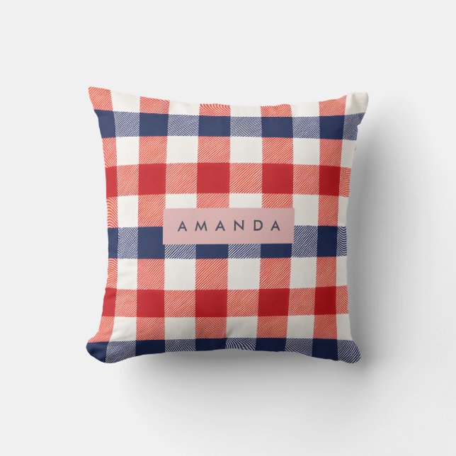 Personalized Patriotic Red, White & Blue Gingham Cushion (Front)