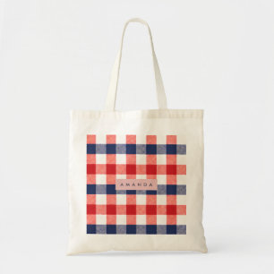 Personalized Patriotic Red, White & Blue Gingham Tote Bag