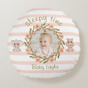 Personalized Peach and White Baby Custom Name Round Cushion