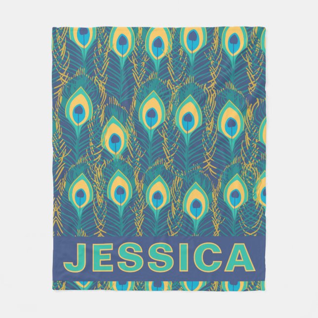Personalized Peacock Feather Jewel Tone Blue Teal Fleece Blanket (Front)