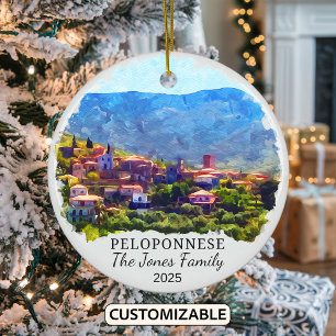 Personalized Peloponnese Ornament, Greece Ceramic Tree Decoration