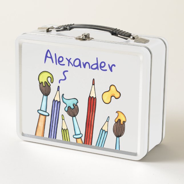 Personalized Pencils and Paintbrushes Metal Lunch Box (Front)