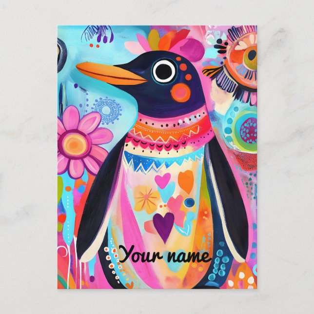Personalized Penguin Card: Colorful Arctic Postcard (Front)