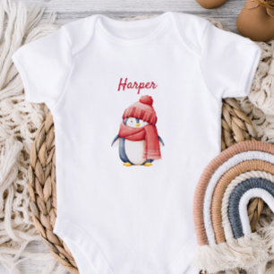 Personalized Penguin in Red Hat Baby Bodysuit