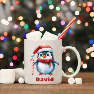 Personalized Penguin with Candy Cane Custom Name Coffee Mug