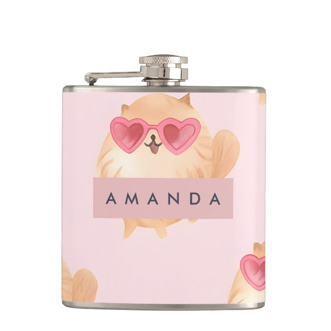 Personalized Persian Cat with Heart Sunglasses Hip Flask (Front)