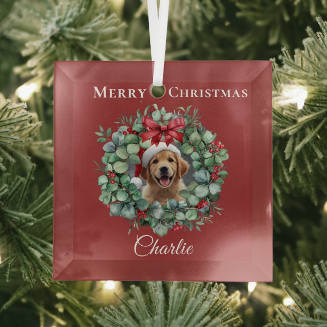 Personalized Pet Christmas with Wreath & Name Glass Tree Decoration (Insitu)