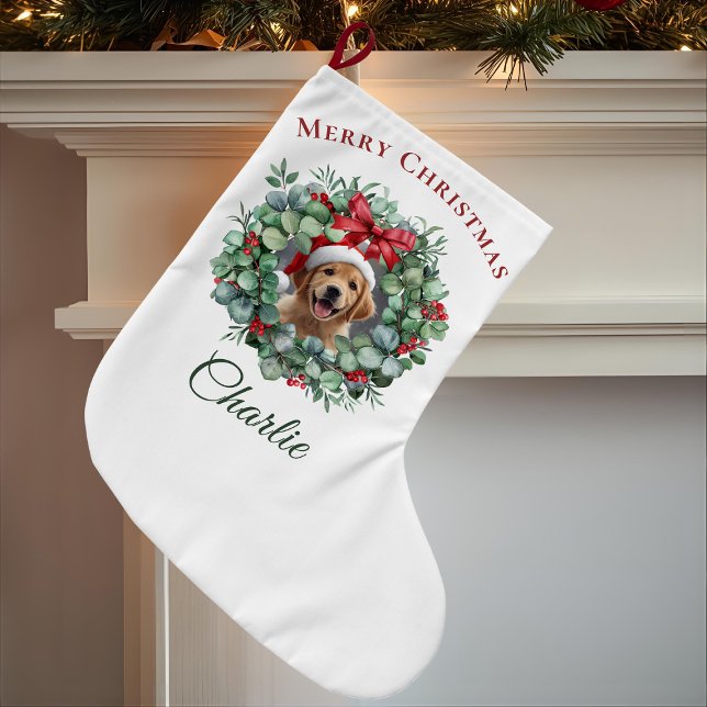 Personalized Pet Christmas with Wreath & Name Large Christmas Stocking (Creator Uploaded)