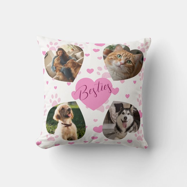 Personalized Pet Photo Collage Pink Hearts Cushion (Front)