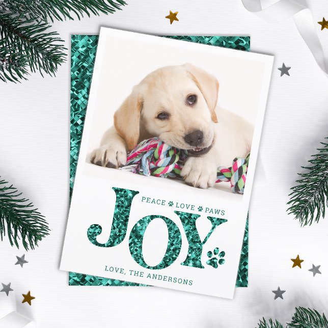 Personalized Pet Photo JOY Teal Paw Print Dog Holiday Card (Creator Uploaded)