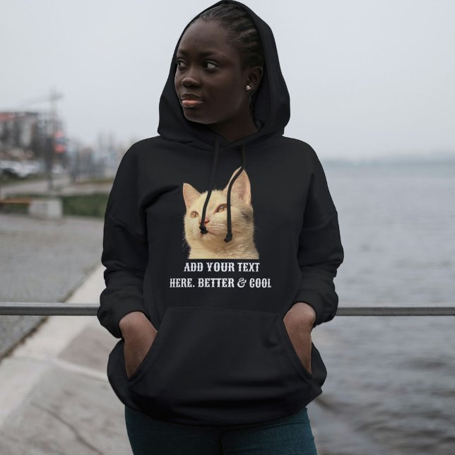 Personalized Pet Photo Text Black White Cat Mom Hoodie (Creator Uploaded)