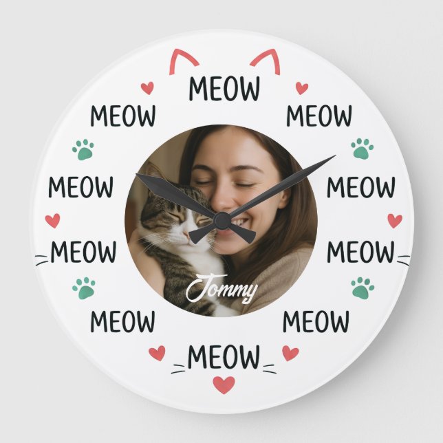 Personalized Pet Photo Wall Clock with 'MEOW'  (Front)