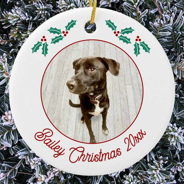 Personalized Pet Puppy Dog Christmas Photo Ceramic Tree Decoration (Personalized custom name year puppy dog photo Christmas ceramic ornament for animal lovers)