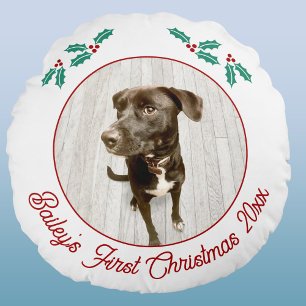 Personalized Pet Puppy Dog First Christmas Photo Round Cushion