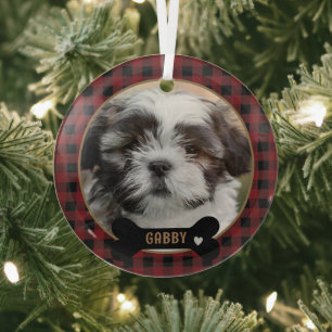 Personalized Pet Red Plaid Christmas Glass Tree Decoration
