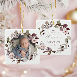 Personalized Photo Baby First Christmas Purple Ceramic Ornament