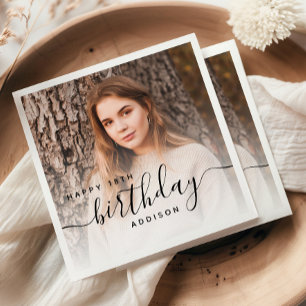 Personalized Photo Black Script 18th Birthday Napkin