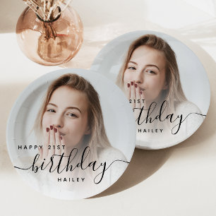 Personalized Photo Black Script 21st Birthday Paper Plate